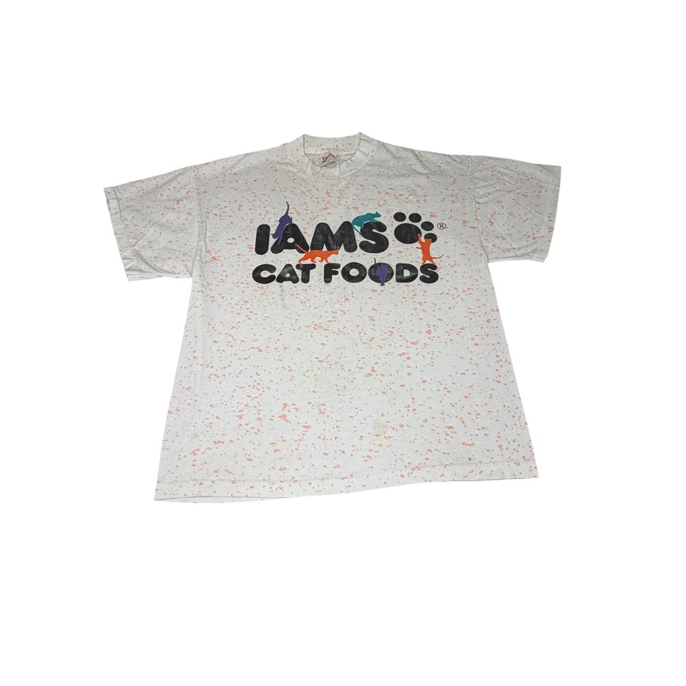 Vintage‎ Iams Cat Foods Tshirt XL White Orange Splatter 90s Promo Single Stitch